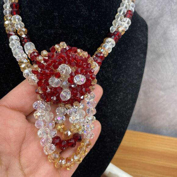 Vintage Beaded Necklace set earrings bracelet ring faux clear and ruby bead - Picture 3 of 16
